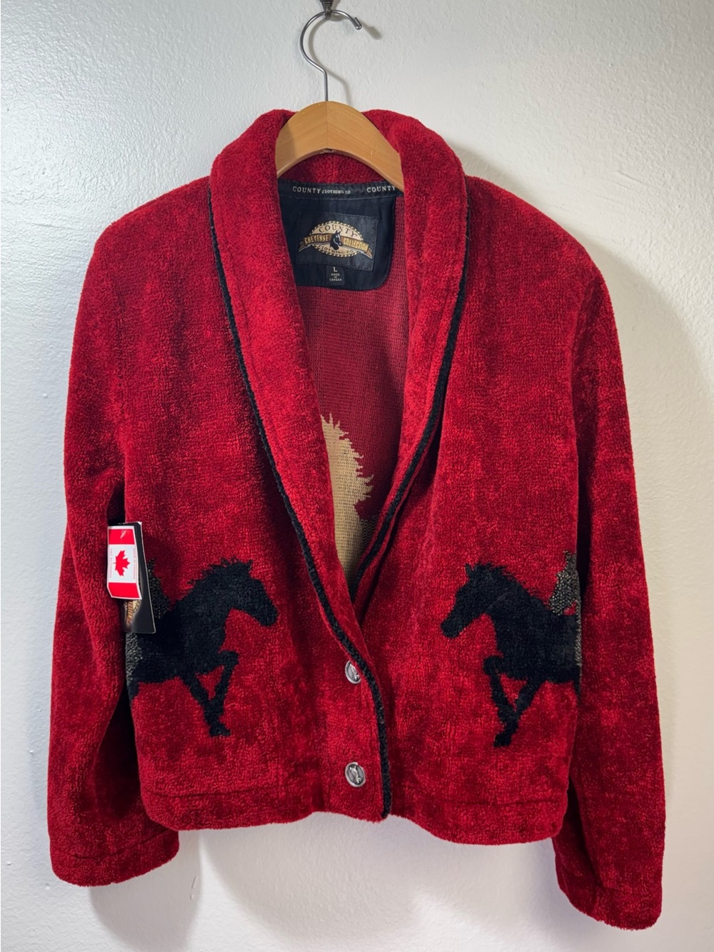 County Clothing Co. NWT Red Equestrian Horse Jacket Cardigan L Made Canada